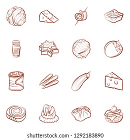 Cheeses, Fruits, Snacks, Table setting and Vegetables set. Background for printing, design, web. Usable as icons. Binary color.