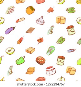 Cheeses, Fruits, Snacks, Table setting and Vegetables set. Background for printing, design, web. Usable as icons. Seamless. Colored.
