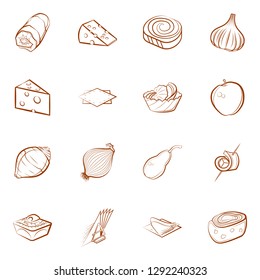 Cheeses, Fruits, Snacks, Table setting and Vegetables set. Background for printing, design, web. Usable as icons. Binary color.