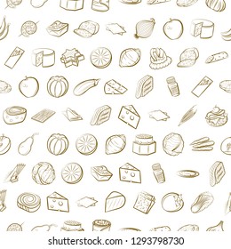 Cheeses, Fruits, Snacks, Table setting and Vegetables set. Background for printing, design, web. Usable as icons. Seamless. Binary color.