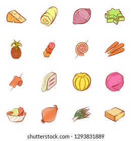 Cheeses, Fruits, Snacks, Table setting and Vegetables set. Background for printing, design, web. Usable as icons. Colored.