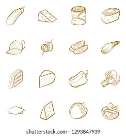 Cheeses, Fruits, Snacks, Table setting and Vegetables set. Background for printing, design, web. Usable as icons. Binary color.
