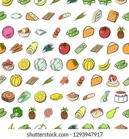 Cheeses, Fruits, Snacks, Table setting and Vegetables set. Background for printing, design, web. Usable as icons. Seamless. Colored.