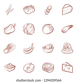 Cheeses, Fruits, Snacks, Table setting and Vegetables set. Background for printing, design, web. Usable as icons. Binary color.