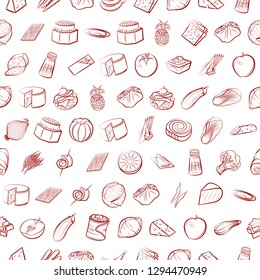 Cheeses, Fruits, Snacks, Table setting and Vegetables set. Background for printing, design, web. Usable as icons. Seamless. Binary color.