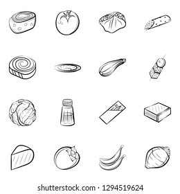 Cheeses, Fruits, Snacks, Table setting and Vegetables set. Background for printing, design, web. Usable as icons. Monochrome binary, black and white.