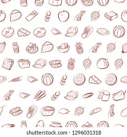 Cheeses, Fruits, Snacks, Table setting and Vegetables set. Background for printing, design, web. Usable as icons. Seamless. Binary color.