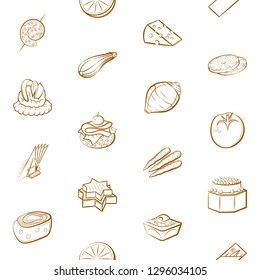 Cheeses, Fruits, Snacks, Table setting and Vegetables set. Background for printing, design, web. Usable as icons. Seamless. Binary color.