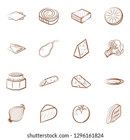 Cheeses, Fruits, Snacks, Table setting and Vegetables set. Background for printing, design, web. Usable as icons. Binary color.