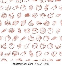 Cheeses, Fruits, Snacks, Table setting and Vegetables set. Background for printing, design, web. Usable as icons. Seamless. Binary color.