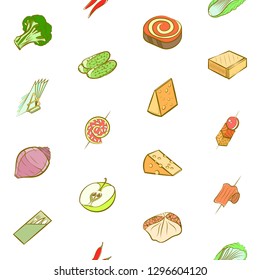 Cheeses, Fruits, Snacks, Table setting and Vegetables set. Background for printing, design, web. Usable as icons. Seamless. Colored.