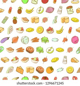 Cheeses, Fruits, Snacks, Table setting and Vegetables set. Background for printing, design, web. Usable as icons. Seamless. Colored.