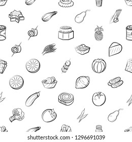Cheeses, Fruits, Snacks, Table setting and Vegetables set. Background for printing, design, web. Usable as icons. Seamless. Monochrome binary, black and white.