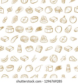 Cheeses, Fruits, Snacks, Table setting and Vegetables set. Background for printing, design, web. Usable as icons. Seamless. Binary color.