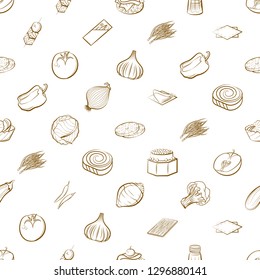 Cheeses, Fruits, Snacks, Table setting and Vegetables set. Background for printing, design, web. Usable as icons. Seamless. Binary color.