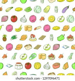 Cheeses, Fruits, Snacks, Table setting and Vegetables set. Background for printing, design, web. Usable as icons. Seamless. Colored.