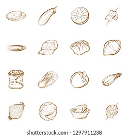 Cheeses, Fruits, Snacks, Table setting and Vegetables set. Background for printing, design, web. Usable as icons. Binary color.