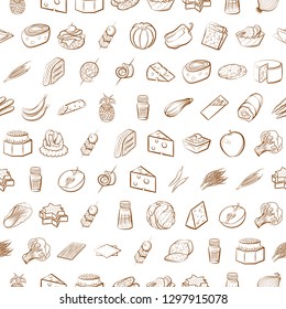 Cheeses, Fruits, Snacks, Table setting and Vegetables set. Background for printing, design, web. Usable as icons. Seamless. Binary color.