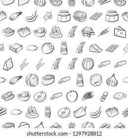 Cheeses, Fruits, Snacks, Table setting and Vegetables set. Background for printing, design, web. Usable as icons. Seamless. Monochrome binary, black and white.