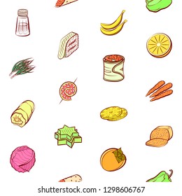 Cheeses, Fruits, Snacks, Table setting and Vegetables set. Background for printing, design, web. Usable as icons. Seamless. Colored.