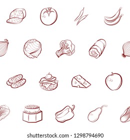 Cheeses, Fruits, Snacks, Table setting and Vegetables set. Background for printing, design, web. Usable as icons. Seamless. Binary color.