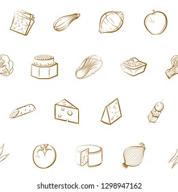 Cheeses, Fruits, Snacks, Table setting and Vegetables set. Background for printing, design, web. Usable as icons. Seamless. Binary color.