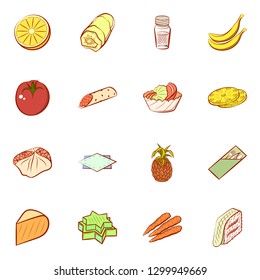 Cheeses, Fruits, Snacks, Table setting and Vegetables set. Background for printing, design, web. Usable as icons. Colored.