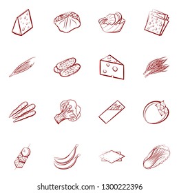 Cheeses, Fruits, Snacks, Table setting and Vegetables set. Background for printing, design, web. Usable as icons. Binary color.