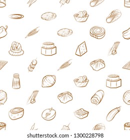 Cheeses, Fruits, Snacks, Table setting and Vegetables set. Background for printing, design, web. Usable as icons. Seamless. Binary color.