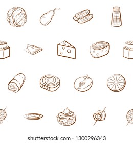 Cheeses, Fruits, Snacks, Table setting and Vegetables set. Background for printing, design, web. Usable as icons. Seamless. Binary color.