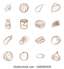 Cheeses, Fruits, Snacks, Table setting and Vegetables set. Background for printing, design, web. Usable as icons. Binary color.