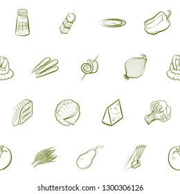Cheeses, Fruits, Snacks, Table setting and Vegetables set. Background for printing, design, web. Usable as icons. Seamless. Binary color.