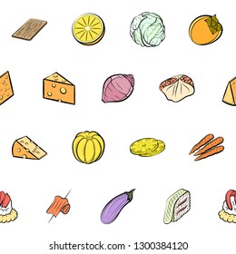 Cheeses, Fruits, Snacks, Table setting and Vegetables set. Background for printing, design, web. Usable as icons. Seamless. Colored.