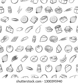 Cheeses, Fruits, Snacks, Table setting and Vegetables set. Background for printing, design, web. Usable as icons. Seamless. Monochrome binary, black and white.