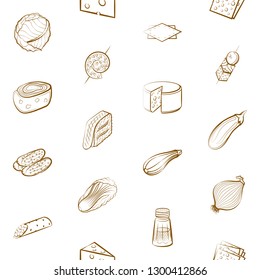Cheeses, Fruits, Snacks, Table setting and Vegetables set. Background for printing, design, web. Usable as icons. Seamless. Binary color.