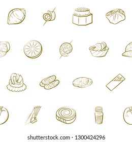 Cheeses, Fruits, Snacks, Table setting and Vegetables set. Background for printing, design, web. Usable as icons. Seamless. Binary color.