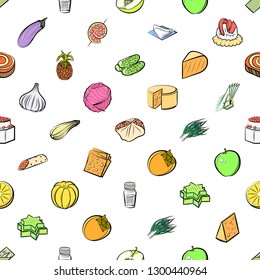 Cheeses, Fruits, Snacks, Table setting and Vegetables set. Background for printing, design, web. Usable as icons. Seamless. Colored.