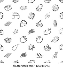 Cheeses, Fruits, Snacks, Table setting and Vegetables set. Background for printing, design, web. Usable as icons. Seamless. Monochrome binary, black and white.