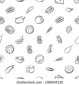 Cheeses, Fruits, Snacks, Table setting and Vegetables set. Background for printing, design, web. Usable as icons. Seamless. Monochrome binary, black and white.