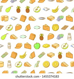 Cheeses, Fruits and Table setting set. Background for printing, design, web. Usable as icons. Seamless. Colored.