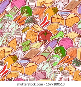 Cheeses, Healthy food and Table setting pattern. Background for printing, design, web. Seamless. Colored.