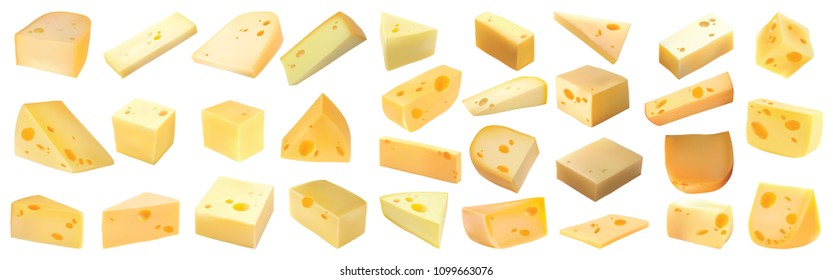 Cheeses isolated on white background. Cheese set. Modern style realistic vector illustration, milk, texture, Soft cheese, Ricotta , Coulommiers, Semi-soft, Medium-hard, Yellow, Feta, French