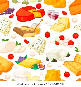 Cheeses realistic composition with edam maasdam parmesan and dorblue, gouda, brie, cheese mozzarella. Natural product banner. Organic market vector illustration. Wine, grapes, tomatoes.