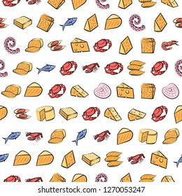 Cheeses and Seafood set. Background for printing, design, web. Usable as icons. Seamless. Colored.