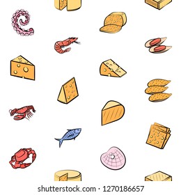 Cheeses and Seafood set. Background for printing, design, web. Usable as icons. Seamless. Colored.