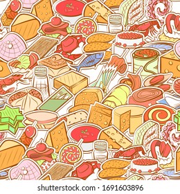 Cheeses, Seafood, Snacks and Table setting pattern. Background for printing, design, web. Seamless. Colored.