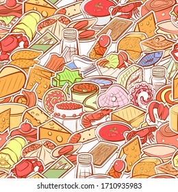 Cheeses, Seafood, Snacks and Table setting pattern. Background for printing, design, web. Seamless. Colored.