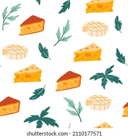 Cheeses seamless pattern. Chunks of cheese. Cheddar, brie, gouda, feta and parmesan, herbs. Slices of delicious cheeses. Perfect for fabric, textiles, wallpapers, print products. Vector illustration.