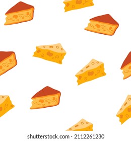 Cheeses seamless pattern. Slices of delicious cheeses. Modern background for packaging, ads, labels and other designs. Vector cartoon illustration isolated on the white background.