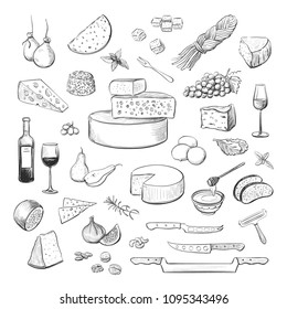 Cheeses and snacks for cheese. Vector collection of hand drawings